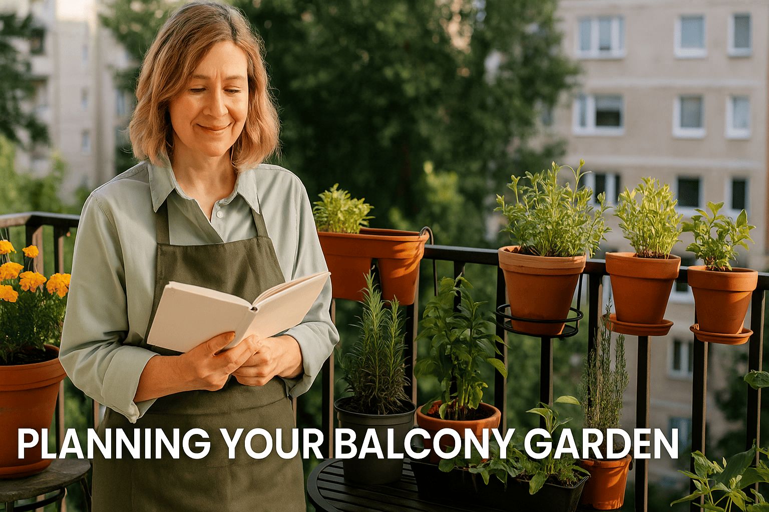 woman planning her balcony garden while holding a notebook, surrounded by herbs and flowers in pots — Planning Your Balcony Garden | Urban Plant